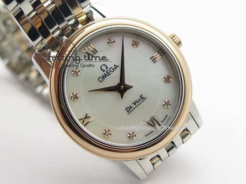 De Ville 27mm SS RG Ladies MK 1:1 Best Edition White MOP Dial Diamond Markers On SS Bracelet Ronda Quartz