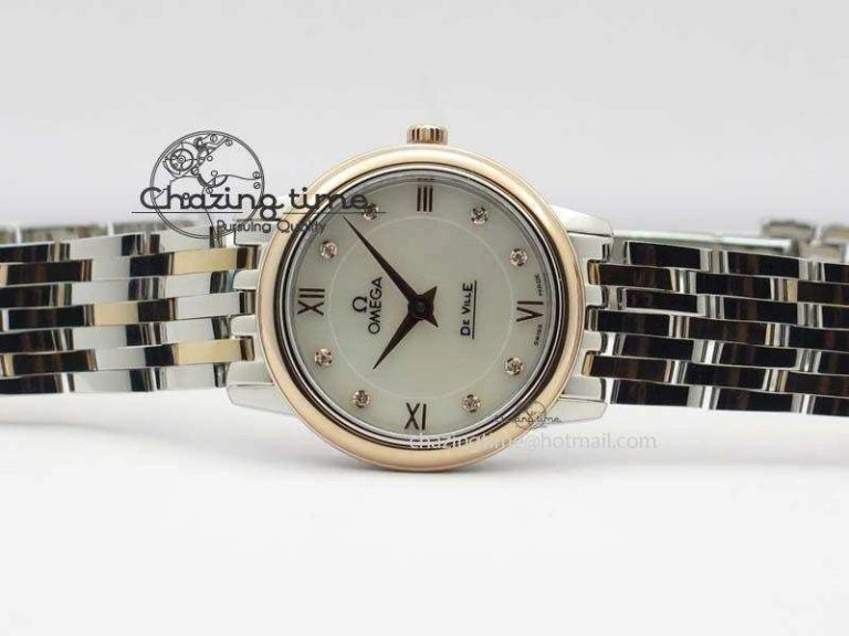 De Ville 27mm SS RG Ladies MK 1:1 Best Edition White MOP Dial Diamond Markers On SS Bracelet Ronda Quartz