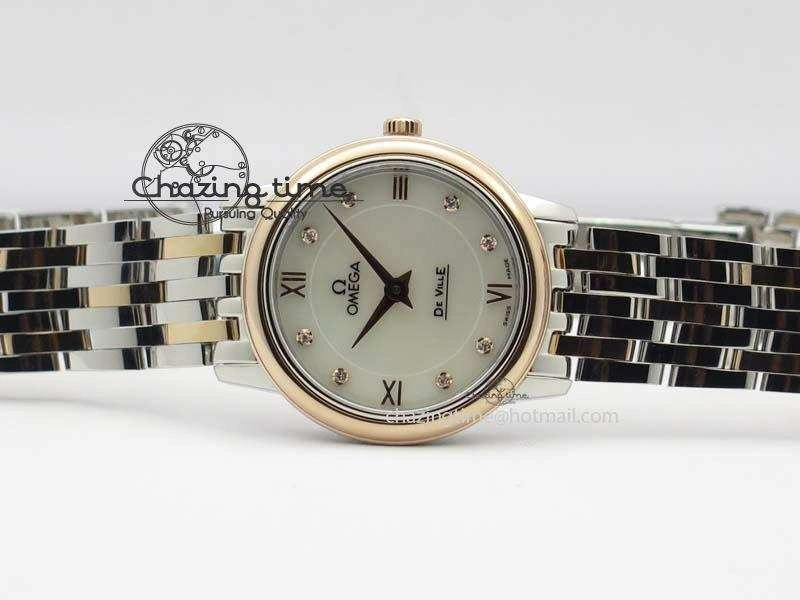 De Ville 27mm SS RG Ladies MK 1:1 Best Edition White MOP Dial Diamond Markers On SS Bracelet Ronda Quartz