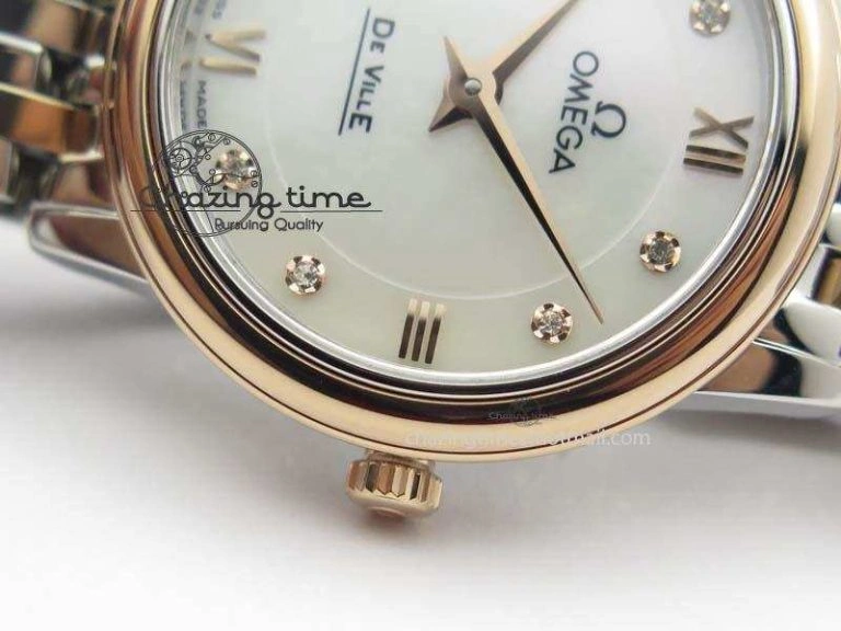 De Ville 27mm SS RG Ladies MK 1:1 Best Edition White MOP Dial Diamond Markers On SS Bracelet Ronda Quartz