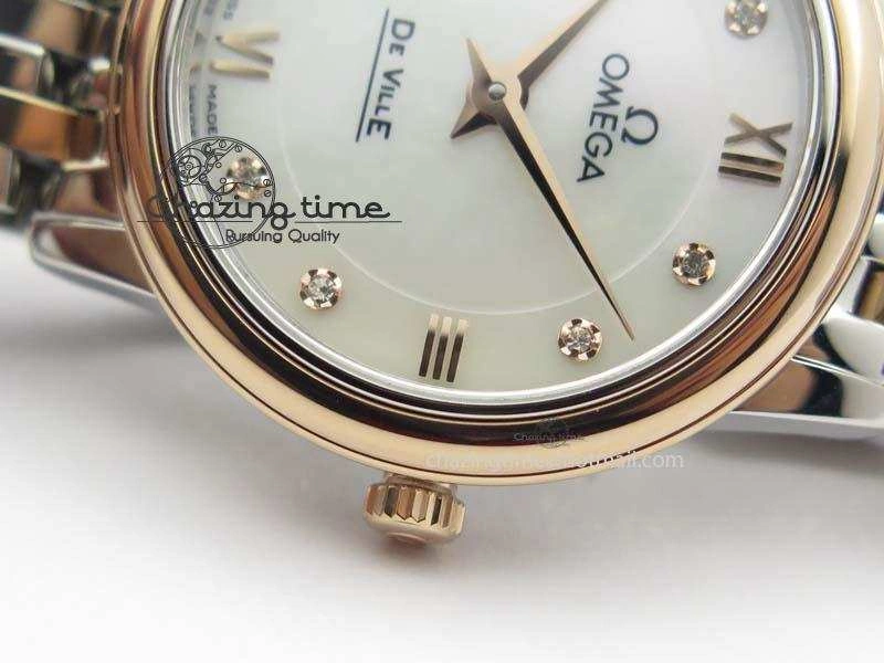 De Ville 27mm SS RG Ladies MK 1:1 Best Edition White MOP Dial Diamond Markers On SS Bracelet Ronda Quartz
