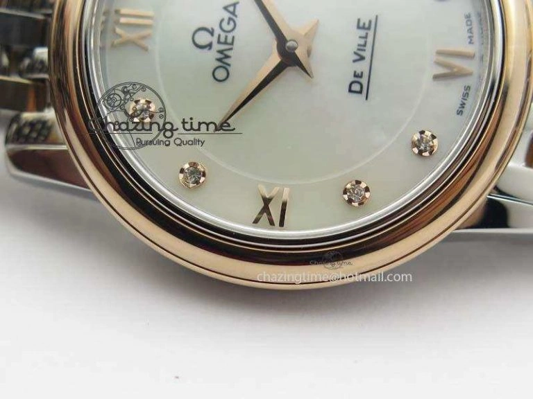 De Ville 27mm SS RG Ladies MK 1:1 Best Edition White MOP Dial Diamond Markers On SS Bracelet Ronda Quartz