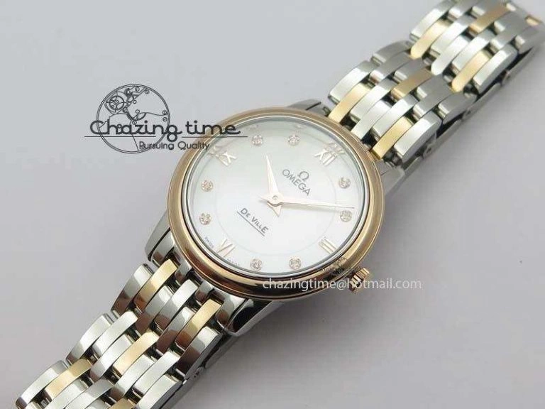 De Ville 27mm SS RG Ladies MK 1:1 Best Edition White MOP Dial Diamond Markers On SS Bracelet Ronda Quartz