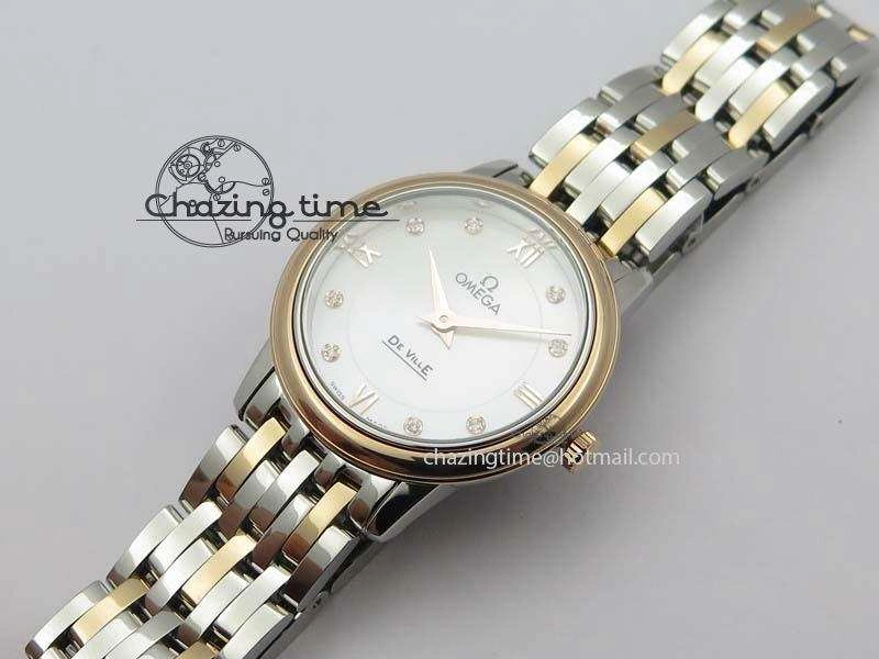 De Ville 27mm SS RG Ladies MK 1:1 Best Edition White MOP Dial Diamond Markers On SS Bracelet Ronda Quartz