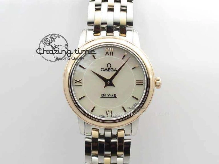 De Ville 27mm SS RG Ladies MK 1:1 Best Edition White MOP Dial On SS Bracelet Ronda Quartz