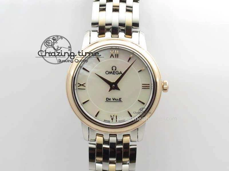 De Ville 27mm SS RG Ladies MK 1:1 Best Edition White MOP Dial On SS Bracelet Ronda Quartz