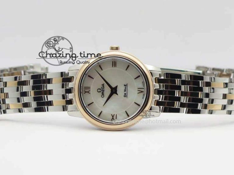 De Ville 27mm SS RG Ladies MK 1:1 Best Edition White MOP Dial On SS Bracelet Ronda Quartz