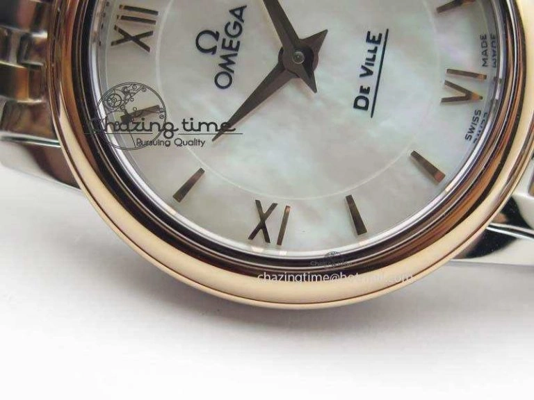 De Ville 27mm SS RG Ladies MK 1:1 Best Edition White MOP Dial On SS Bracelet Ronda Quartz