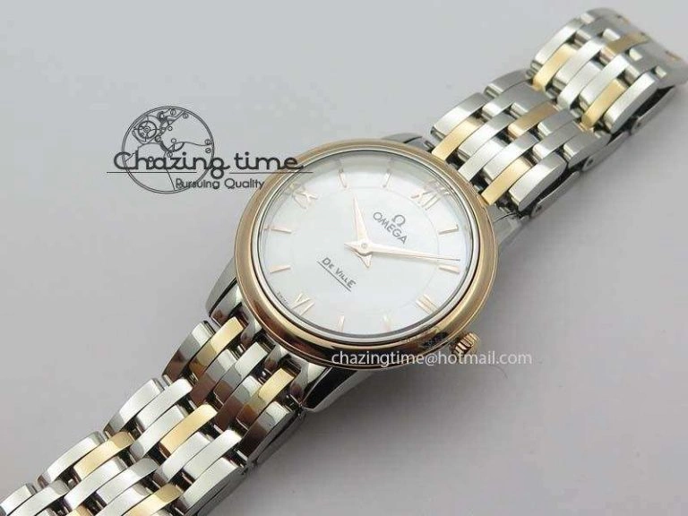 De Ville 27mm SS RG Ladies MK 1:1 Best Edition White MOP Dial On SS Bracelet Ronda Quartz