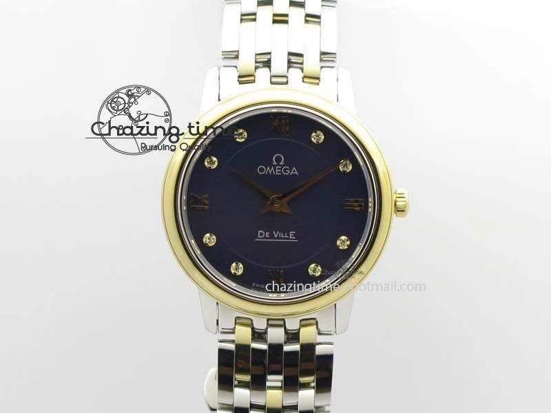 De Ville 27mm SS YG Ladies MK 1:1 Best Edition Blue Dial Diamond Markers On SS Bracelet Ronda Quartz
