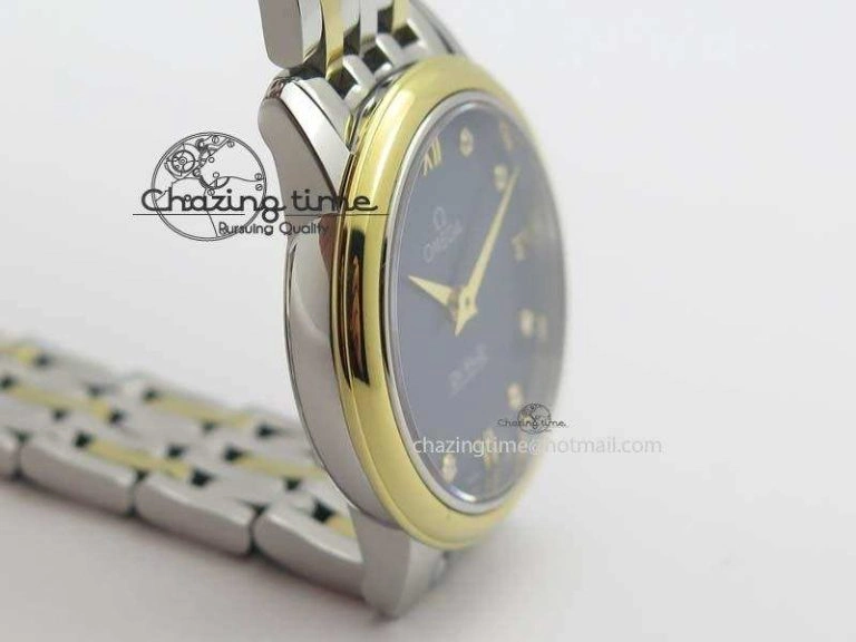 De Ville 27mm SS YG Ladies MK 1:1 Best Edition Blue Dial Diamond Markers On SS Bracelet Ronda Quartz