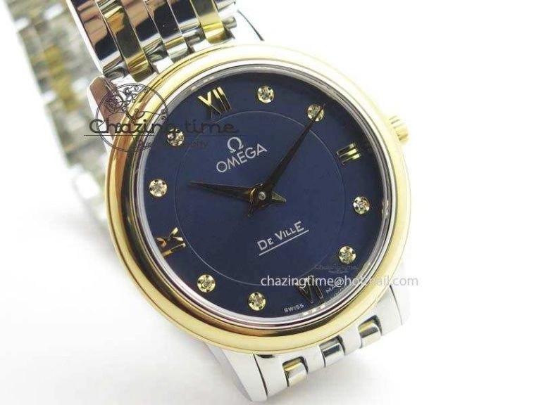 De Ville 27mm SS YG Ladies MK 1:1 Best Edition Blue Dial Diamond Markers On SS Bracelet Ronda Quartz