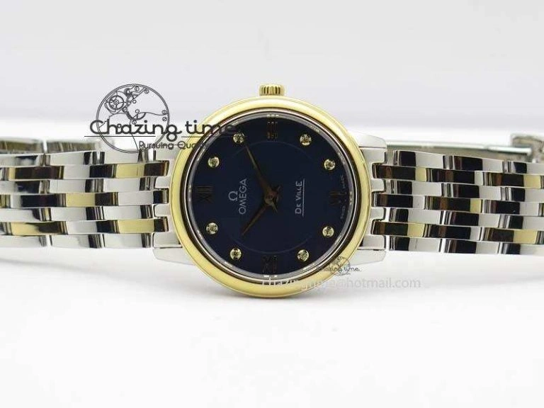 De Ville 27mm SS YG Ladies MK 1:1 Best Edition Blue Dial Diamond Markers On SS Bracelet Ronda Quartz