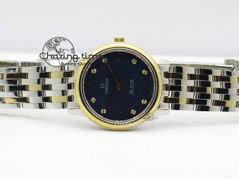 De Ville 27mm SS YG Ladies MK 1:1 Best Edition Blue Dial Diamond Markers On SS Bracelet Ronda Quartz