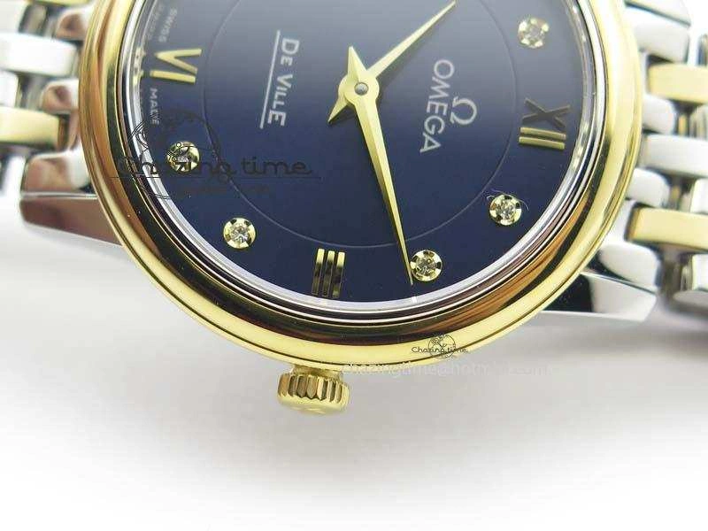 De Ville 27mm SS YG Ladies MK 1:1 Best Edition Blue Dial Diamond Markers On SS Bracelet Ronda Quartz