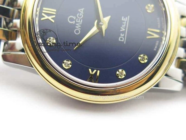 De Ville 27mm SS YG Ladies MK 1:1 Best Edition Blue Dial Diamond Markers On SS Bracelet Ronda Quartz