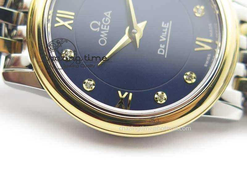 De Ville 27mm SS YG Ladies MK 1:1 Best Edition Blue Dial Diamond Markers On SS Bracelet Ronda Quartz