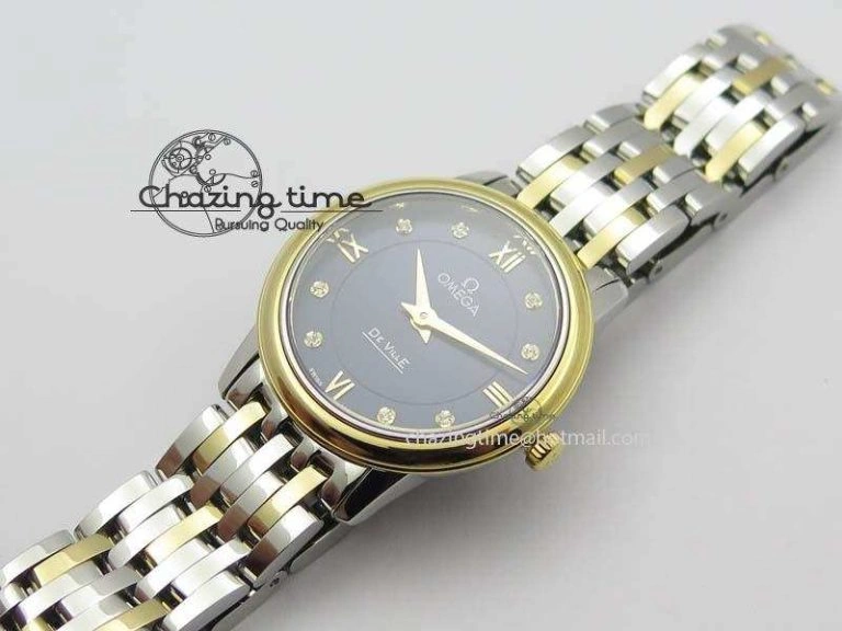 De Ville 27mm SS YG Ladies MK 1:1 Best Edition Blue Dial Diamond Markers On SS Bracelet Ronda Quartz