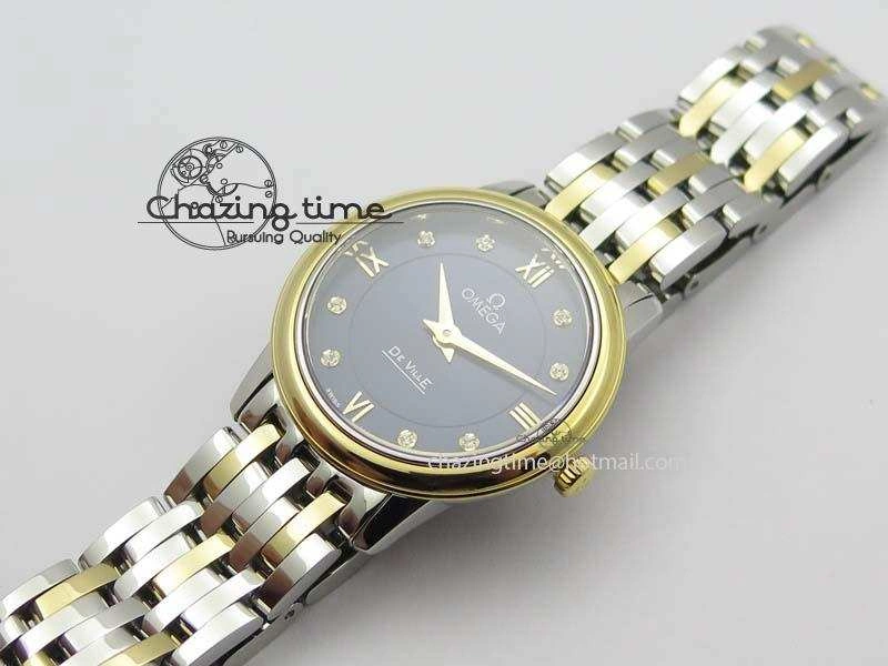 De Ville 27mm SS YG Ladies MK 1:1 Best Edition Blue Dial Diamond Markers On SS Bracelet Ronda Quartz