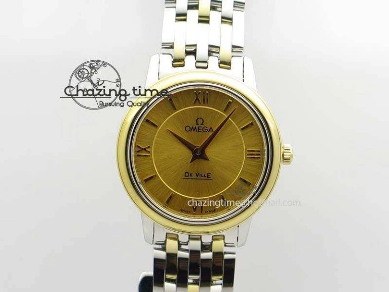 De Ville 27mm SS YG Ladies MK 1:1 Best Edition Gold Dial On SS Bracelet Ronda Quartz