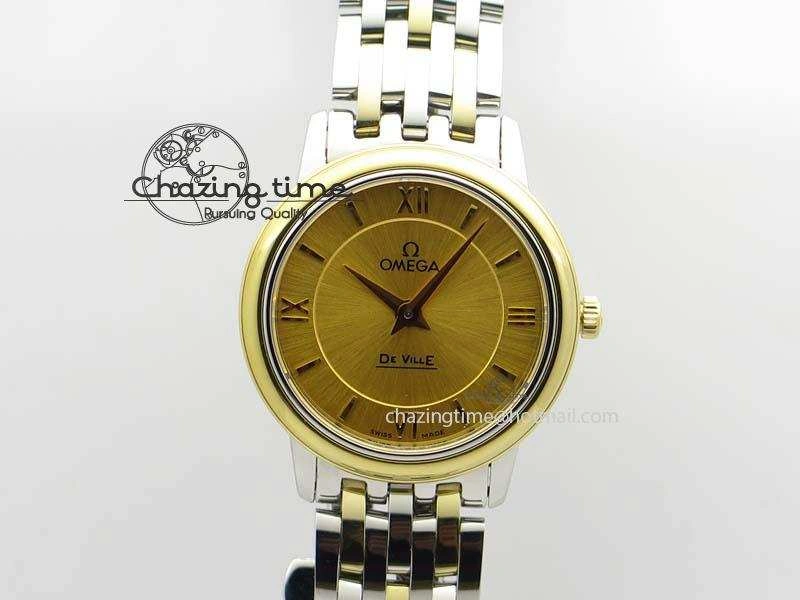 De Ville 27mm SS YG Ladies MK 1:1 Best Edition Gold Dial On SS Bracelet Ronda Quartz