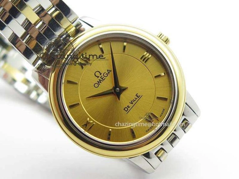 De Ville 27mm SS YG Ladies MK 1:1 Best Edition Gold Dial On SS Bracelet Ronda Quartz