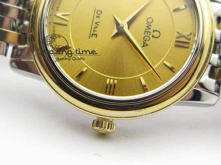 De Ville 27mm SS YG Ladies MK 1:1 Best Edition Gold Dial On SS Bracelet Ronda Quartz