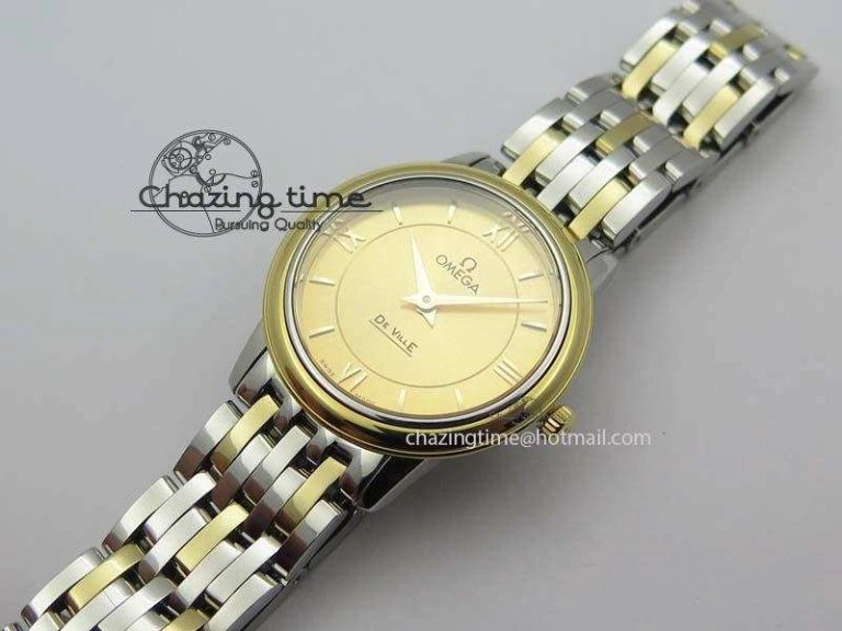 De Ville 27mm SS YG Ladies MK 1:1 Best Edition Gold Dial On SS Bracelet Ronda Quartz