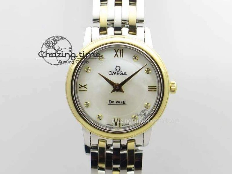 De Ville 27mm SS YG Ladies MK 1:1 Best Edition White MOP Dial Diamond Markers On SS Bracelet Ronda Quartz