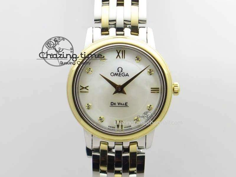 De Ville 27mm SS YG Ladies MK 1:1 Best Edition White MOP Dial Diamond Markers On SS Bracelet Ronda Quartz