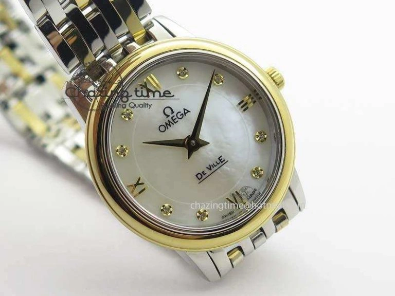 De Ville 27mm SS YG Ladies MK 1:1 Best Edition White MOP Dial Diamond Markers On SS Bracelet Ronda Quartz