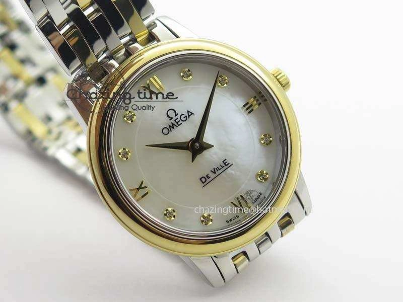 De Ville 27mm SS YG Ladies MK 1:1 Best Edition White MOP Dial Diamond Markers On SS Bracelet Ronda Quartz