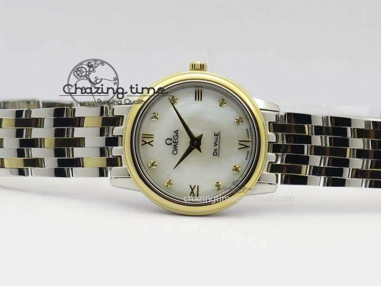 De Ville 27mm SS YG Ladies MK 1:1 Best Edition White MOP Dial Diamond Markers On SS Bracelet Ronda Quartz