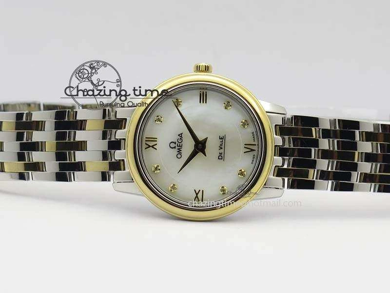 De Ville 27mm SS YG Ladies MK 1:1 Best Edition White MOP Dial Diamond Markers On SS Bracelet Ronda Quartz