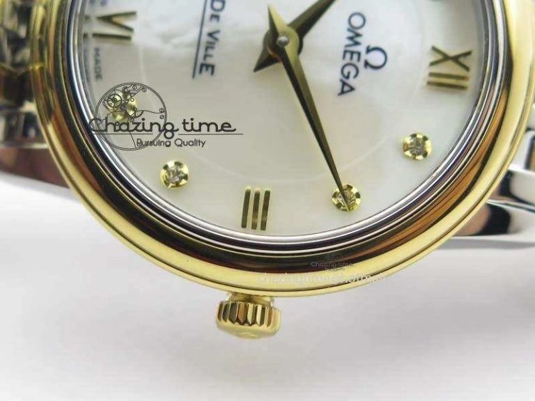 De Ville 27mm SS YG Ladies MK 1:1 Best Edition White MOP Dial Diamond Markers On SS Bracelet Ronda Quartz