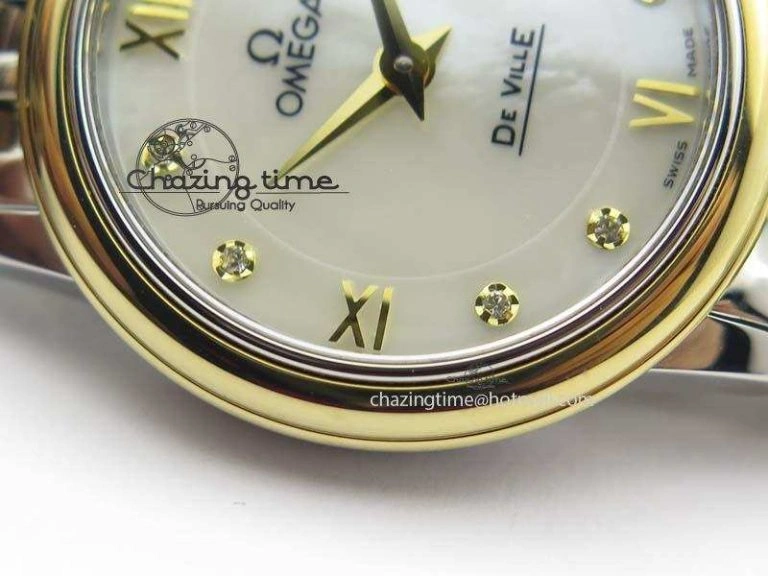 De Ville 27mm SS YG Ladies MK 1:1 Best Edition White MOP Dial Diamond Markers On SS Bracelet Ronda Quartz