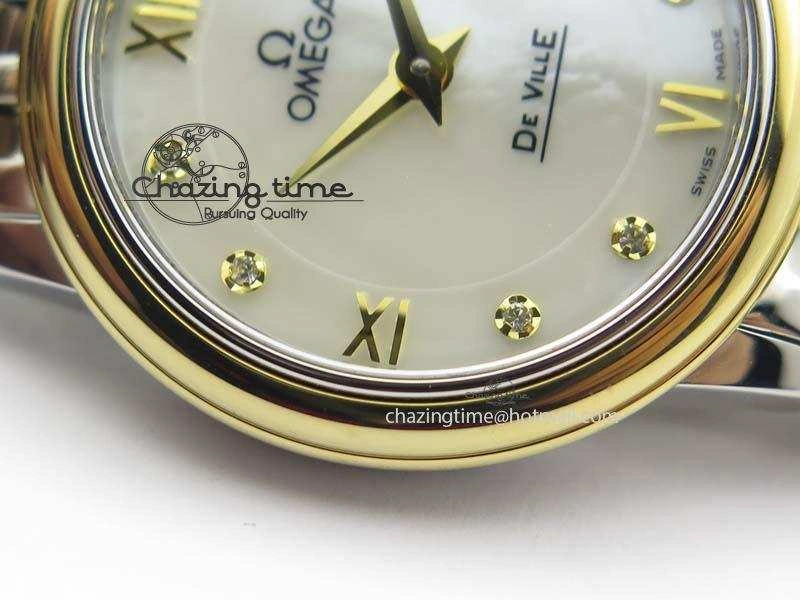 De Ville 27mm SS YG Ladies MK 1:1 Best Edition White MOP Dial Diamond Markers On SS Bracelet Ronda Quartz
