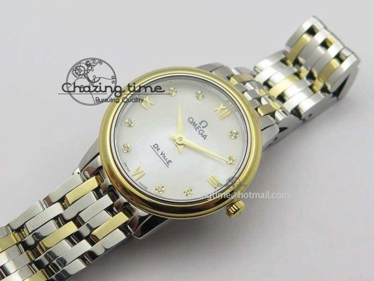 De Ville 27mm SS YG Ladies MK 1:1 Best Edition White MOP Dial Diamond Markers On SS Bracelet Ronda Quartz