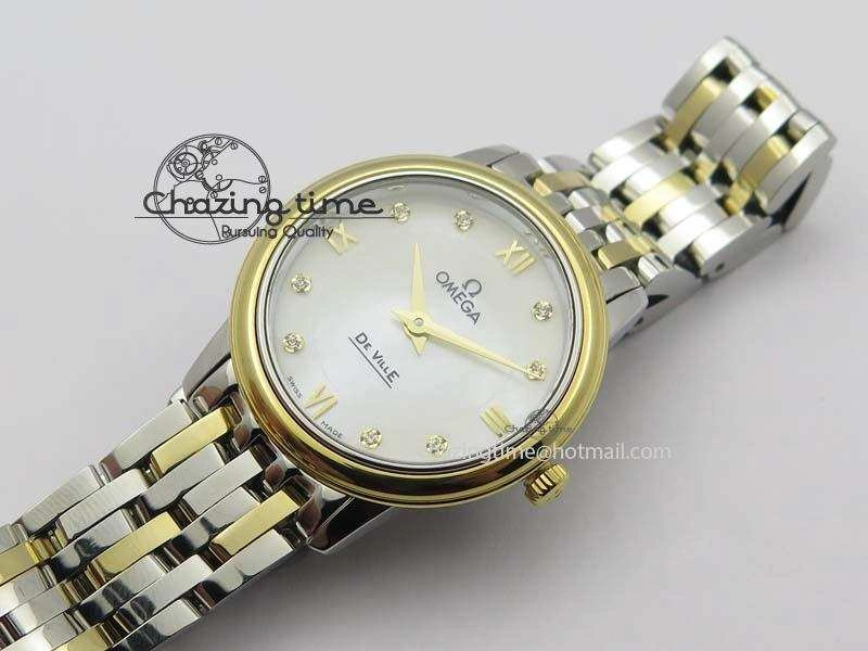 De Ville 27mm SS YG Ladies MK 1:1 Best Edition White MOP Dial Diamond Markers On SS Bracelet Ronda Quartz