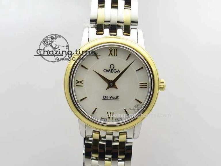 De Ville 27mm SS YG Ladies MK 1:1 Best Edition White MOP Dial On SS Bracelet Ronda Quartz