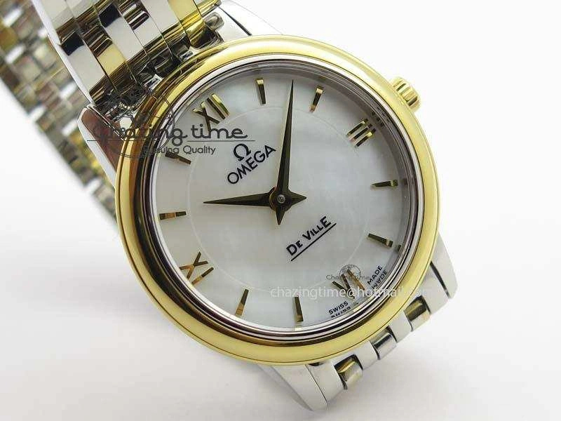 De Ville 27mm SS YG Ladies MK 1:1 Best Edition White MOP Dial On SS Bracelet Ronda Quartz