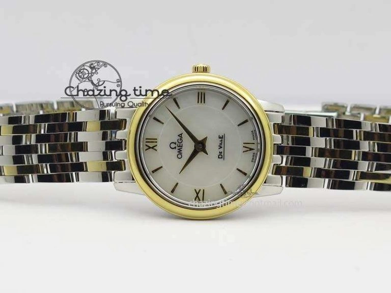 De Ville 27mm SS YG Ladies MK 1:1 Best Edition White MOP Dial On SS Bracelet Ronda Quartz