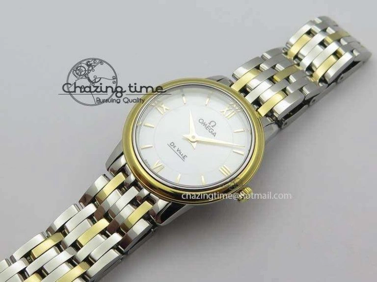 De Ville 27mm SS YG Ladies MK 1:1 Best Edition White MOP Dial On SS Bracelet Ronda Quartz