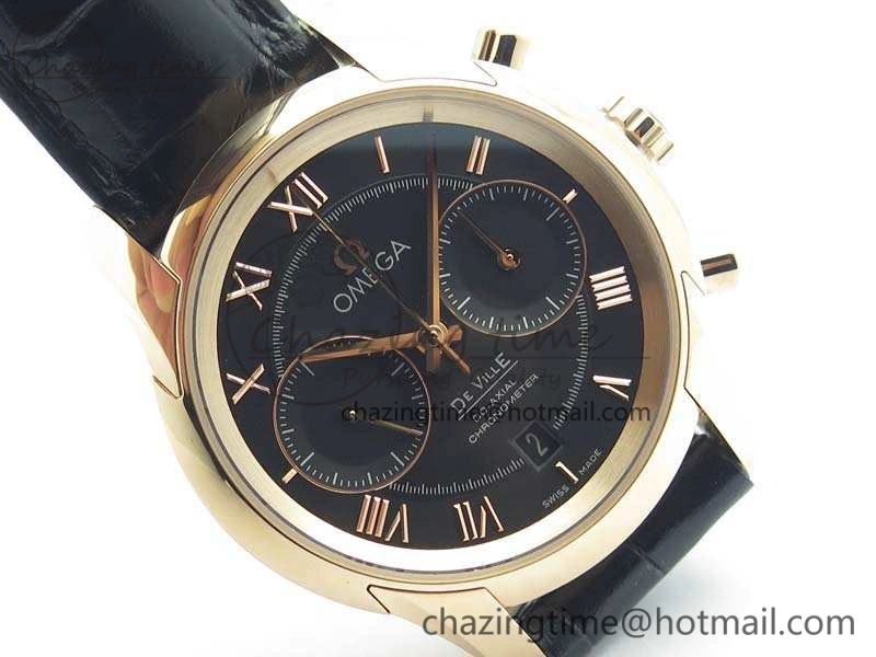 De Ville Chronograph RG OMF 1:1 Best Edition Black Dial On Black Leather Strap A9300