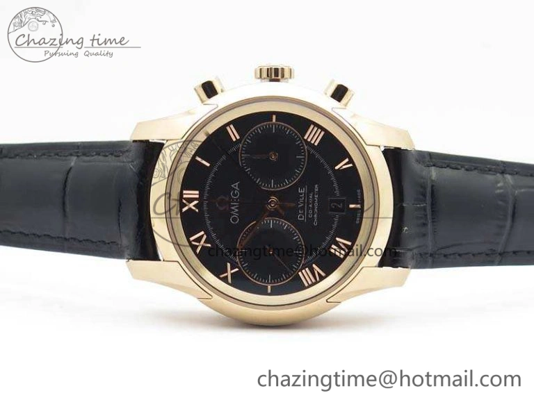 De Ville Chronograph RG OMF 1:1 Best Edition Black Dial On Black Leather Strap A9300