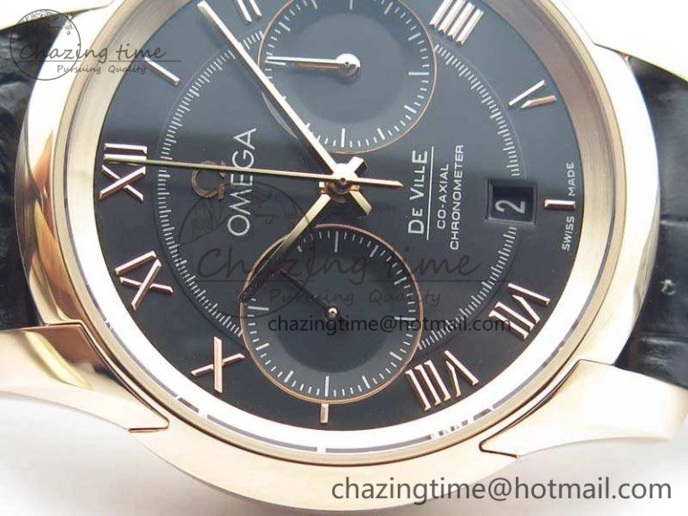 De Ville Chronograph RG OMF 1:1 Best Edition Black Dial On Black Leather Strap A9300