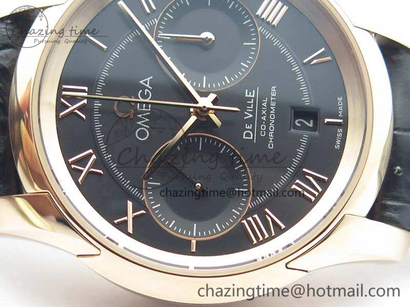 De Ville Chronograph RG OMF 1:1 Best Edition Black Dial On Black Leather Strap A9300