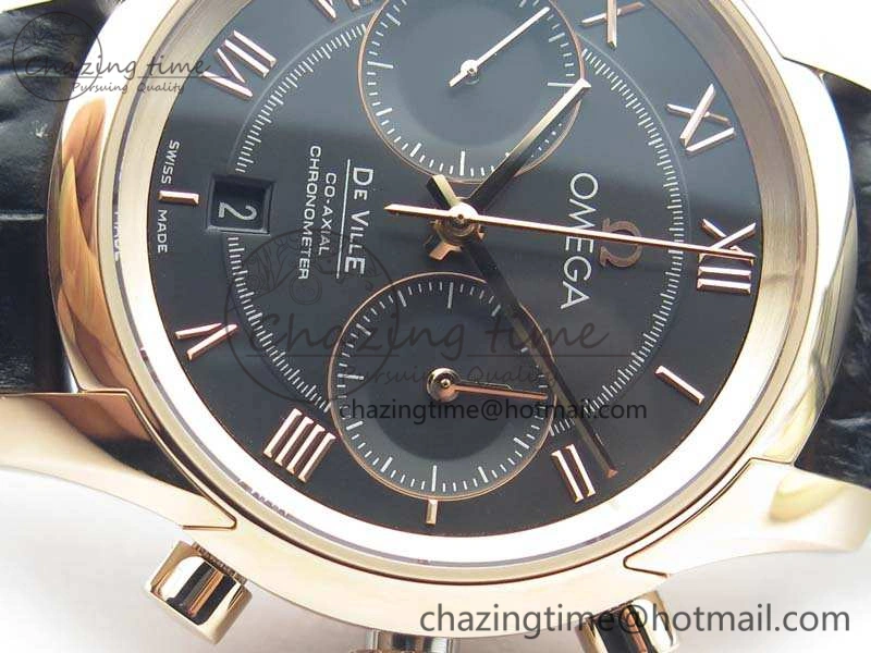 De Ville Chronograph RG OMF 1:1 Best Edition Black Dial On Black Leather Strap A9300