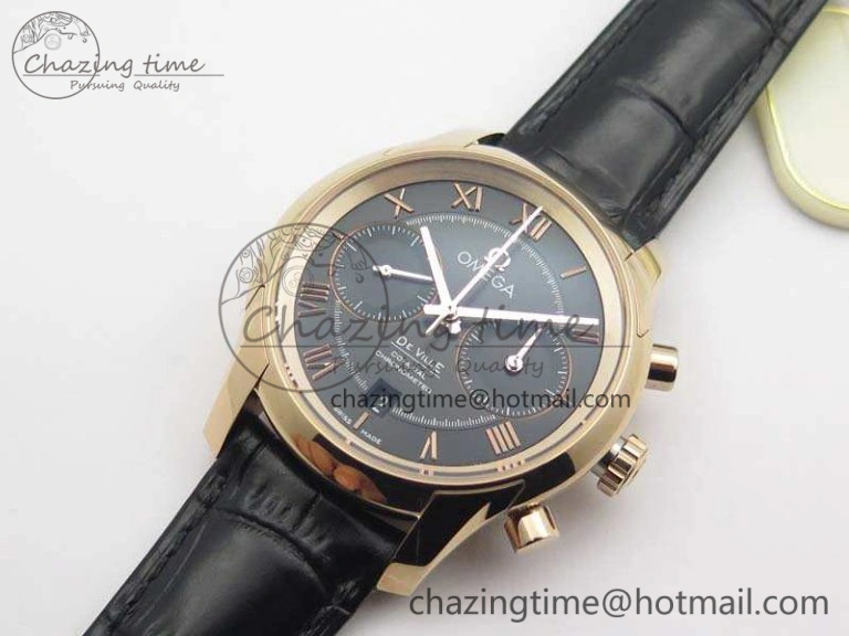 De Ville Chronograph RG OMF 1:1 Best Edition Black Dial On Black Leather Strap A9300