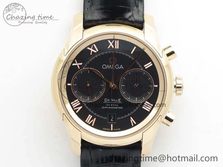 De Ville Chronograph RG OMF 1:1 Best Edition Black Dial On Black Leather Strap A9300